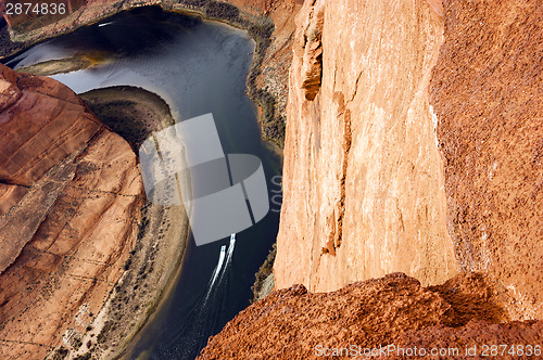 Image of Two Boats Navigate Colorado River Deep Canyon Horseshoe Bend Sou