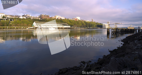 Image of Thea Foss Waterway Waterfront Ridge of Buildings North Tacoma Wa