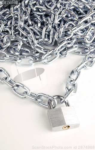 Image of Link Chain Connected By Keyed Steel Locking Padlock on White