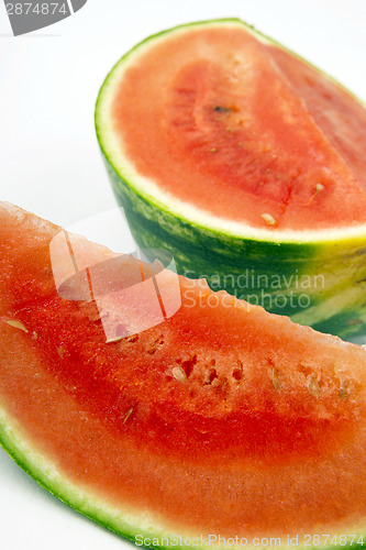 Image of Fruit Food Red Watermelon Sliced Sitting on White Background 