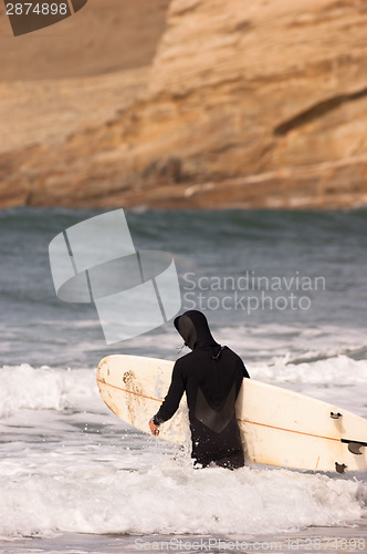 Image of Man Black Wetsuit Enters Ocean Surf Holding Surfboard Summer Spo
