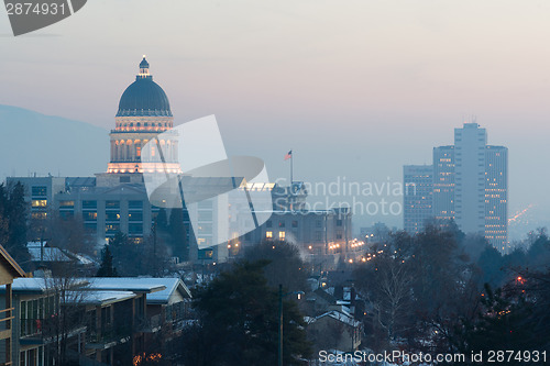 Image of Winter Deep Freeze Sunset Landscape Downtown Utah Capital Archit