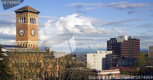 Image of Tacoma Skyline Old City Hall Brick Building Architectural Clock 