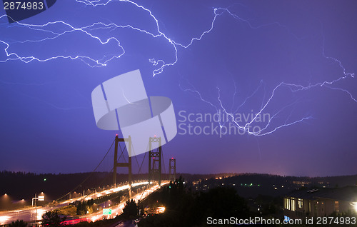 Image of Electrical Storm Lightning Strikes Bolts Tacoma Narrows Bridge W