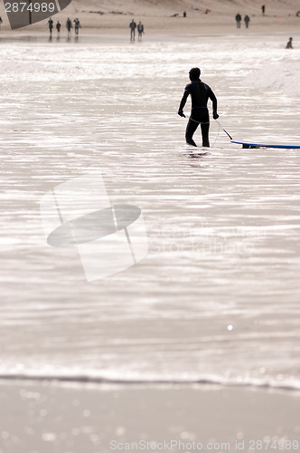 Image of Surfer Wearing Wetsuit Pulls Surf Board After Surfing Session