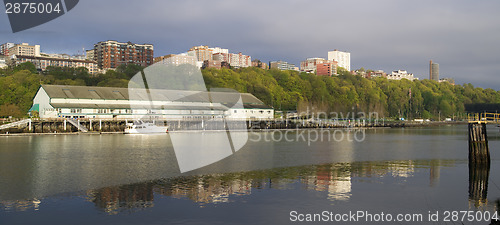 Image of Thea Foss Waterway Waterfront Ridge of Buildings North Tacoma Wa