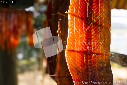 Image of King Salmon Fish Meat Catch Hanging Native American Lodge Drying
