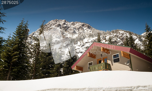 Image of Beautiful Wood Shingle Chalet Base North Cascade Mountains Snowy