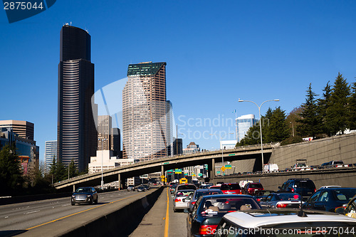 Image of Interstate 5 Highway Cuts Downtown Seattle Skyline During Rush H