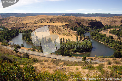 Image of Rural Scene Highway River Dry Desert Hillside Landscape Washingt