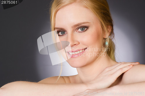 Image of Beautiful Happy Blond Woman Smiling Big in Head and Shoulders Be