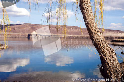 Image of Horizontal Banner Columbia River Crossing Mountains Blue Sky Clo