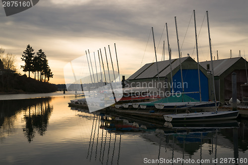 Image of Overcast Sunrise Local Town Marina Puget Sound Nautical Scene