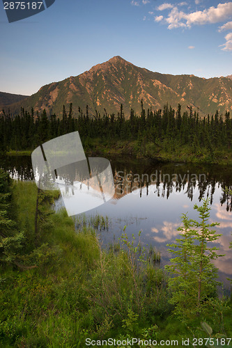 Image of Alaska Territory Mountain Lake Marsh Vertical Banner Blue SKy