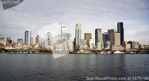Image of Seattle Downtown Piers Dock Waterfront Elliott Bay Ferry Approac