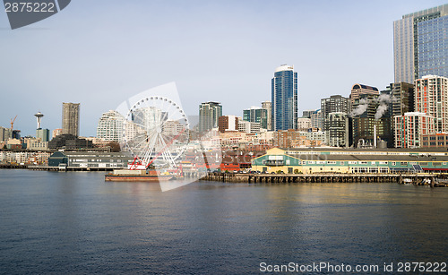 Image of Waterfront Piers Dock Buildings Needle Ferris Wheel Seattle Elli