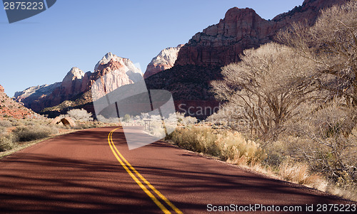 Image of Road Sunrise High Mountain Buttes Zion National Park Desert Sout