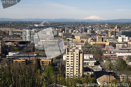 Image of Downtown Portland Buildings Structures Bridges Cascade Range Mt 