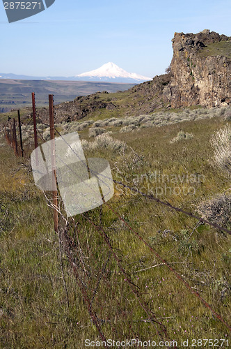 Image of Vertical Composition Barbed Fence Rocky Ridge Sage Brush Mount H
