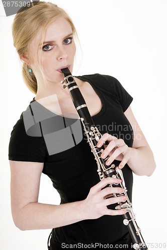 Image of Pretty Blond Woman Playing Clarinet Musical Performance White Ba