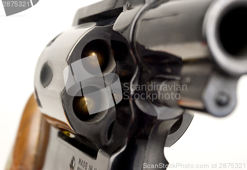 Image of Revolver 38 Caliber Pistol Loaded Cylinder Gun Barrel Pointed