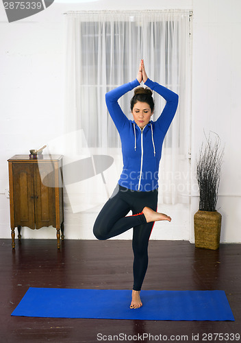 Image of Young Attractive Woman Stands Tree Pose Blue Mat Yoga Dance Stud