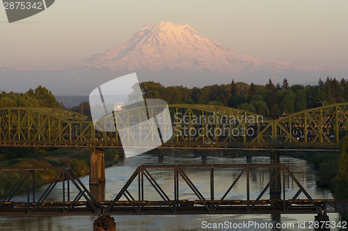 Image of Railroad and Car Bridges over Puyallup River Mt. Rainier Washing