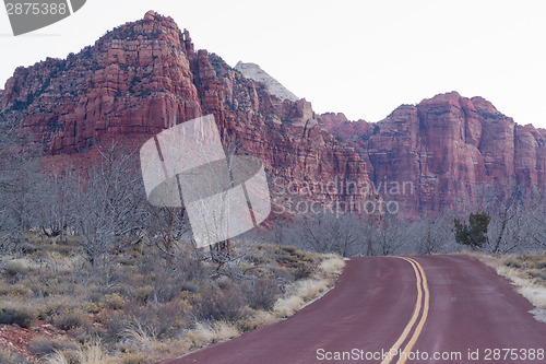 Image of Road Sunrise High Mountain Buttes Zion National Park Desert Sout