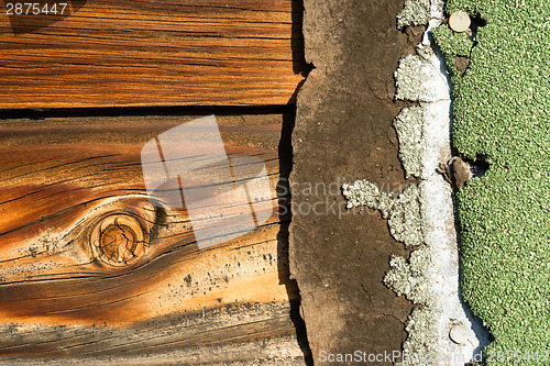 Image of Knotty Pine Board Weathered Wood Asphalt Shingle Roofing Siding 