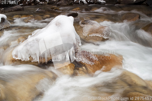 Image of Rushing River Frozen Water Ice Rocks Winter Landscape Moving Str