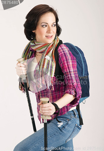 Image of Female Hiker Wearing Scarf and Backpack 