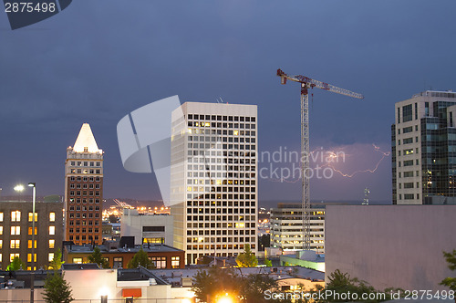 Image of Lightning Strike Thunderstorm Over Buildings Downtown Tacoma Was