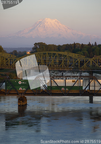 Image of Railroad and Road Bridges over Puyallup River Mt. Rainier Washin
