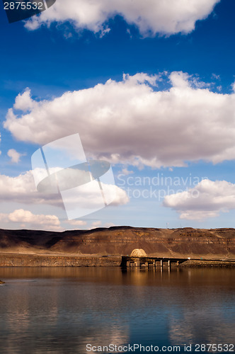 Image of Vertical Banner Columbia River Crossing Mountains Blue Sky Cloud