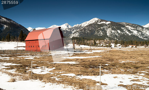 Image of Red Barn Endures Mountain Winter Wallowa Whitman National Forest