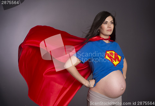 Image of Pregnant Woman Mother Character Super Hero Red Cape Chest Crest