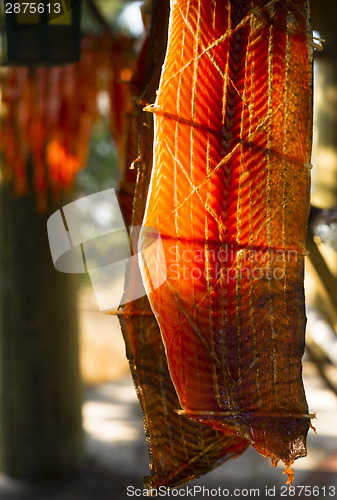 Image of King Salmon Fish Meat Catch Hanging Native American Lodge Drying