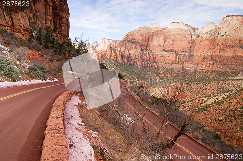 Image of Highway 9 Zion Park Blvd Curves Through Rock Mountains