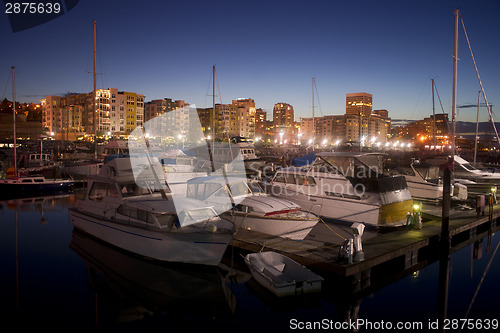 Image of Night Falls on Moored Boats Marina Thea Foss Waterway Tacoma