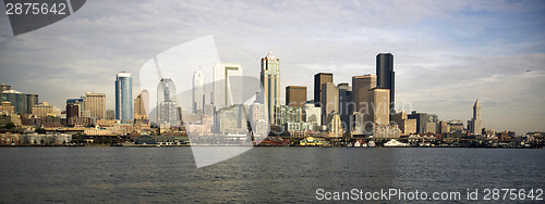 Image of Seattle Downtown Piers Dock Waterfront Elliott Bay Ferry Approac