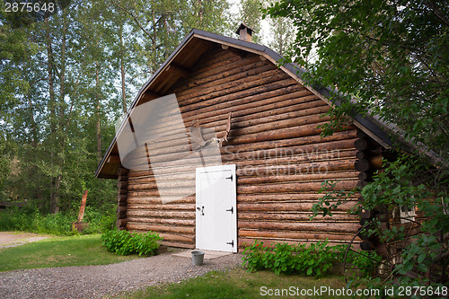 Image of Rustic Log Out Building Moose Antler Rack Alaska Outback