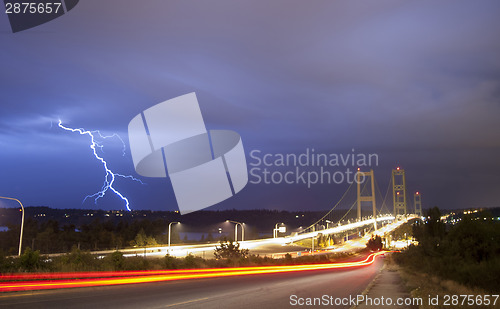 Image of Lightning Strike Thunderstorm Over Narrows Bridge Tacoma Washing