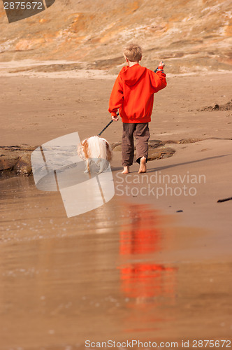 Image of Young Boy Bright Orange Barefoot Walking Dog Ocean Beach