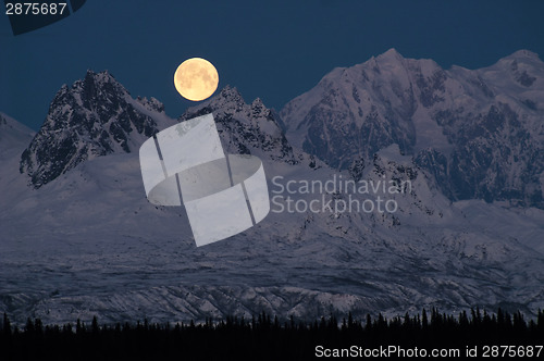 Image of Full Moonrise over Mount McKinley Denali Range Alaska Midnight