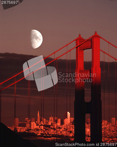 Image of Moon Over Golden Gate Bridge San Francisco City Skyline Sunset