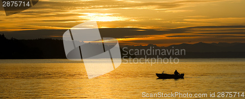 Image of Lone Fisherman Small Boat Sunrise Commencement Bay Puget Sound W