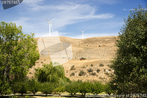 Image of Rural Country Side Modern Green Wind Energy Generator Turbine