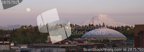 Image of Moon Rise over City Skyline Tacoma Washington United States