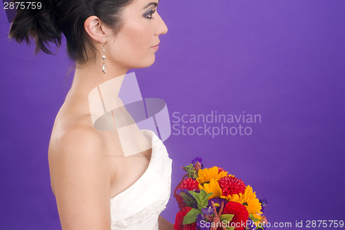 Image of Gorgoues Female Bride Profile Portrait Floral Bouquet Purple Bac