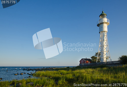 Image of Hogby lighthouse by the coast of Baltic Sea in Sweden